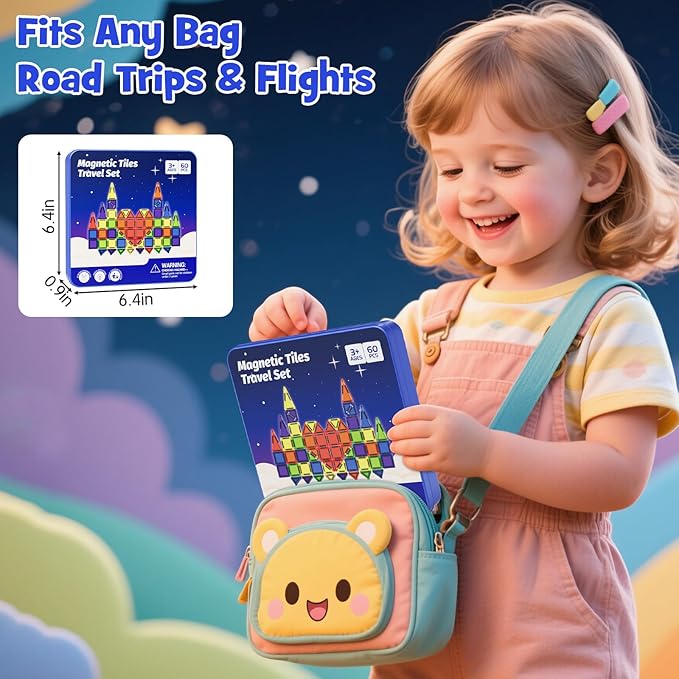 Mini Magnetic Tiles Travel Kit for Kids Ages 3-8, 60pcs Portable Magnetic Building Blocks with Visual Storage Guide & Metal Play Base, STEM Sensory Toys for Preschool Learning