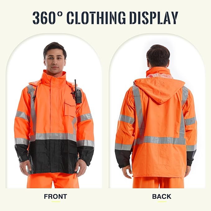 SKSAFETY Hi Vis Safety Rain Jacket for Men, Construction Work Rain Gear Heavy Duty Class 3 Rain Coat Waterproof Lightweight