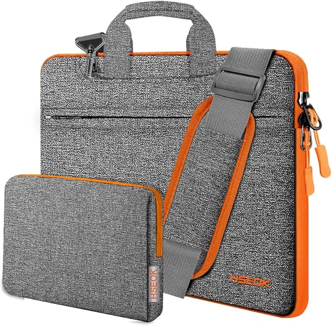 Hseok Laptop Shoulder Bag 13-14 inch Shockproof Water-Resistant HandBag with Small Case Compatible with MacBook Pro/Neo 14" M5/M4/M3/M2/M1, Mac Air/Pro 13.3", XPS 13/14, Most 13"-14" PC,Gray-orange