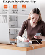 European Travel Plug Adapter USB C, Popowell International European Plug Adapter, 4 FT Travel Power Strip with 3 Outlets & 3 USB, Type C Power Adapter Travel Essential for Italy Spain France Germany.