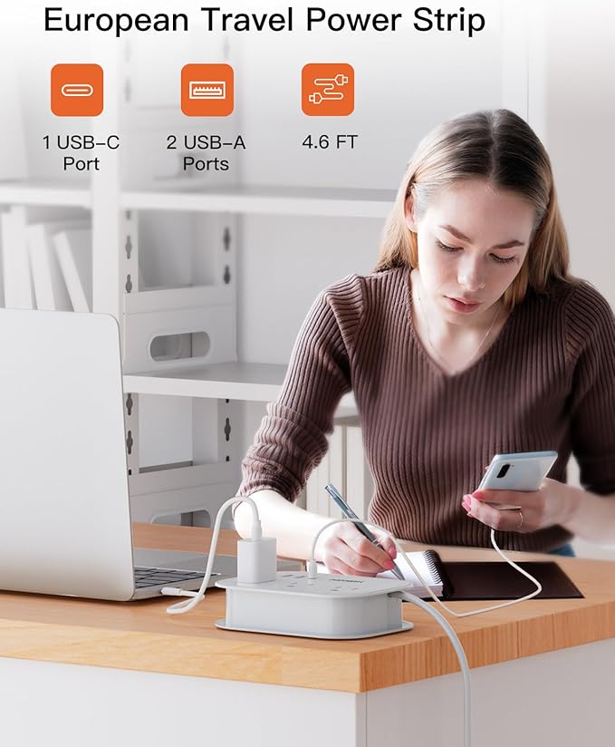 European Travel Plug Adapter USB C, Popowell International European Plug Adapter, 4 FT Travel Power Strip with 3 Outlets & 3 USB, Type C Power Adapter Travel Essential for Italy Spain France Germany.