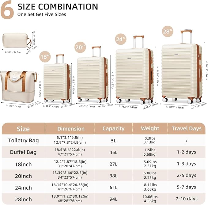 LARVENDER Luggage 6 Piece Expandable Luggage ABS Hardshell Carry on Suitcase with Spinner Wheels TSA Lock, Large Checked Travel Suitcase for Women and Men, Black Brown(16/20/24/28/DB/TB)