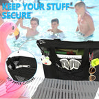 Fammart Mesh Beach Bag, Large Beach Tote with Zipper Pocket, Toys Pool Bag for Family Travel Vacation Cruise Essentials