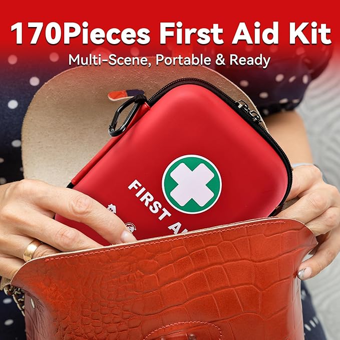 General Medi First Aid Kit - 170 Pieces Hard Case and Lightweight - Great for Travel, Home, Office, Vehicle, Camping, Workplace & Outdoor (Red)