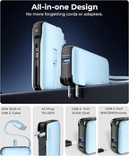 JOYFAR Portable Charger with Built-in USB-C Cable & Plug, 10,000mAh 5V/4.5A Power Bank Fast Charging 22.5W, Travel Essential Battery Pack 3 Output for iPhone 16/15 Series, Samsung Galaxy, iPad, 1 Pack