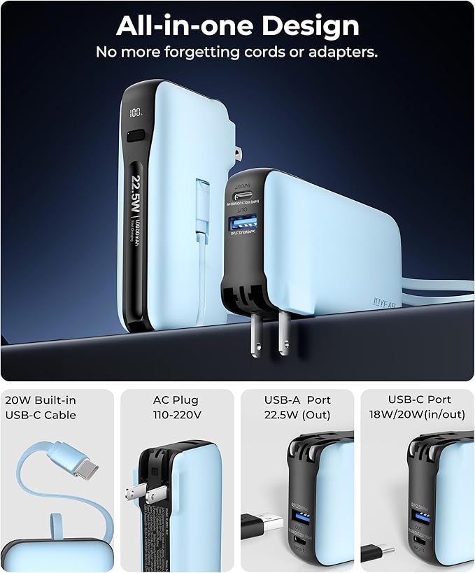 JOYFAR Portable Charger with Built-in USB-C Cable & Plug, 10,000mAh 5V/4.5A Power Bank Fast Charging 22.5W, Travel Essential Battery Pack 3 Output for iPhone 16/15 Series, Samsung Galaxy, iPad, 1 Pack