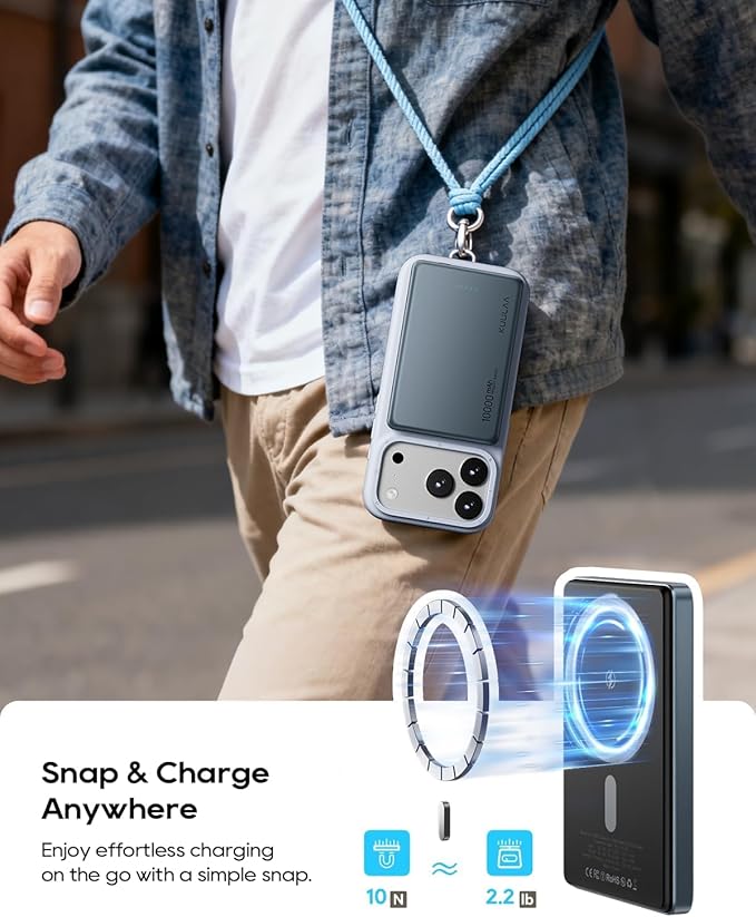Kuulaa 10000mAh Magnetic Portable Charger Slim Magsafe Battery Pack 0.47'' Power Bank Support USB C PD 20W Fast Charging, Compatible with iPhone air/16/15/14/13/12