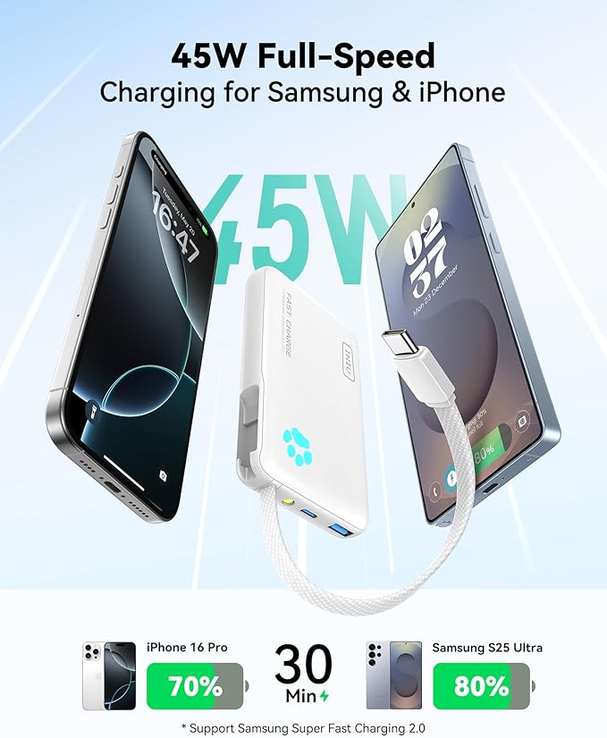 INIU Portable Charger, Slim 45W 10000mAh Power Bank with Build in USB-C Cable for Travel, Fast Charging USB C in&Out Battery Pack, External Phone Charger for iPhone 17 16 15 Samsung S25 S24 Google etc