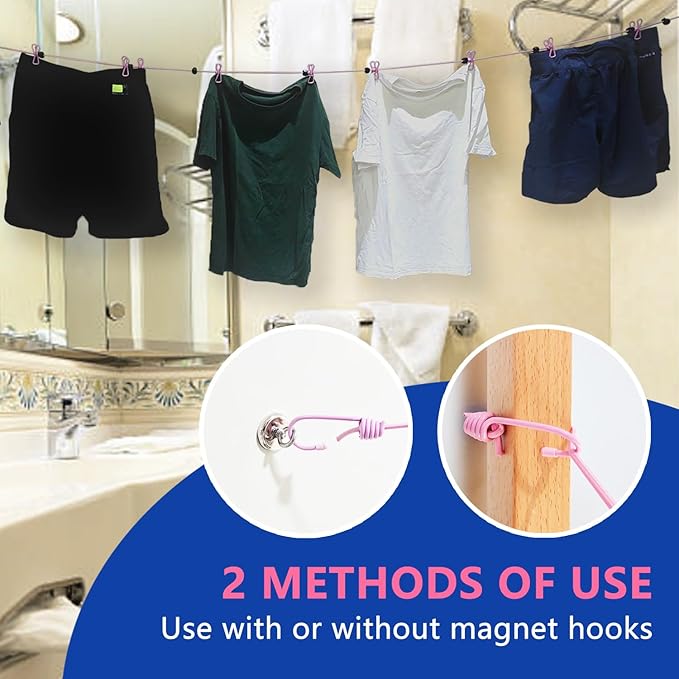 Magnetic Retractable Clothes Line for Cabin - Approved 2025 2026 Cruise Essentials Clothes Drying Rack Travel Clothesline with Clothespins -4 Luggage Tags Strong Magnets Hooks (Blue)