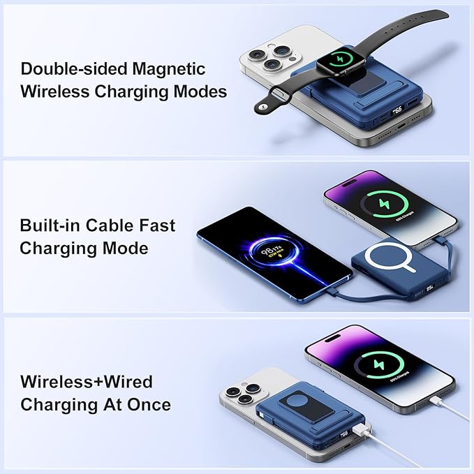 for Magsafe Battery Pack, 10000mAh Power Bank for iPhone with Built-in Cables, 20W Fast Charging Magnetic Wireless Portable Charger with Stand for iPhone 17/16/15/14/13/12/Apple Watch Series
