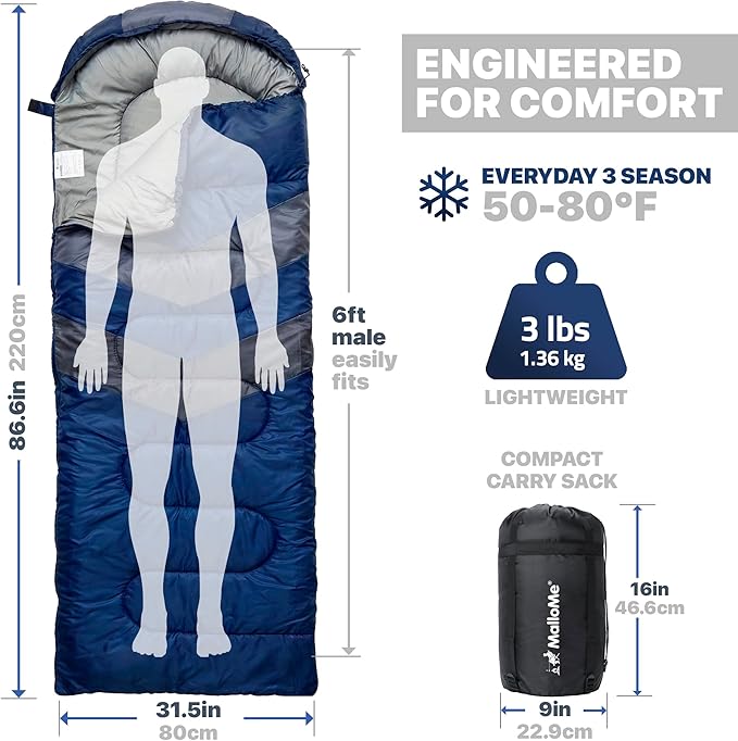 MalloMe Sleeping Bags for Adults Cold Weather & Warm - Backpacking Camping Sleeping Bag for Kids 10-12, Girls, Boys - Lightweight Compact Camping Essentials Gear Accessories Hiking Sleep Must Haves