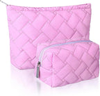 Huhumy 2 Pc Makeup Bag Set Cute Quilted Cosmetic Pouch for Women Travel Toiletry Bag Preppy Small Makeup Purse Pouch Skincare Brushes Storage Organizer Pencil Case Set(Knitted,Quilted,Rose Pink)