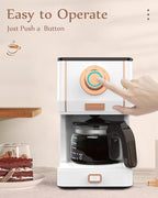 Amaste Retro Style Coffee Machine with 25 Oz Glass Coffee Pot, Reusable Coffee Filter & Three Brewing Modes, Warming Plate, Elegant White with Rose Gold