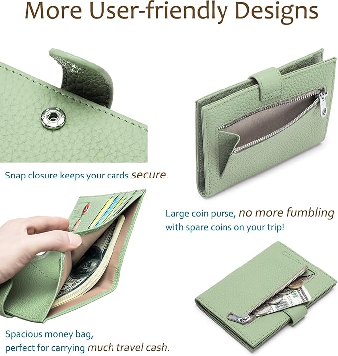 RFID Leather Passport Holder for Travel Women – Slim Passport Wallet with 1 Passport Slot & 3 Card Slots, Zippered Coin Pocket & SIM Slot – Travel Passport Cover Case (Light Green)