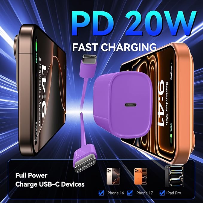 Phone 17 16 15 Pro Charger Fast Charging, 20W USB C Fast Charger Block with 3FT Long Type C Chargers Fast Charging Cable Cord for Phone 17/17 Pro/17 Pro Max/Air/16 Pro Max/16 Pro/15Pro Max/Pro, S24