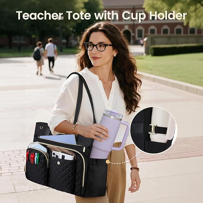 LOVEVOOK Tote Bag, Work Bags for Women with Large Cup Holder, Large Capacity Teacher Tote with Multi Pockets, Water Resistant Nurse Diaper Tote with Padded Laptop Compartment, 17.3 Inch Black