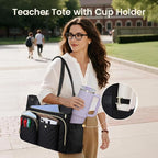 LOVEVOOK Tote Bag, Work Bags for Women with Large Cup Holder, Large Capacity Teacher Tote with Multi Pockets, Water Resistant Nurse Diaper Tote with Padded Laptop Compartment, 15.6 Inch Black