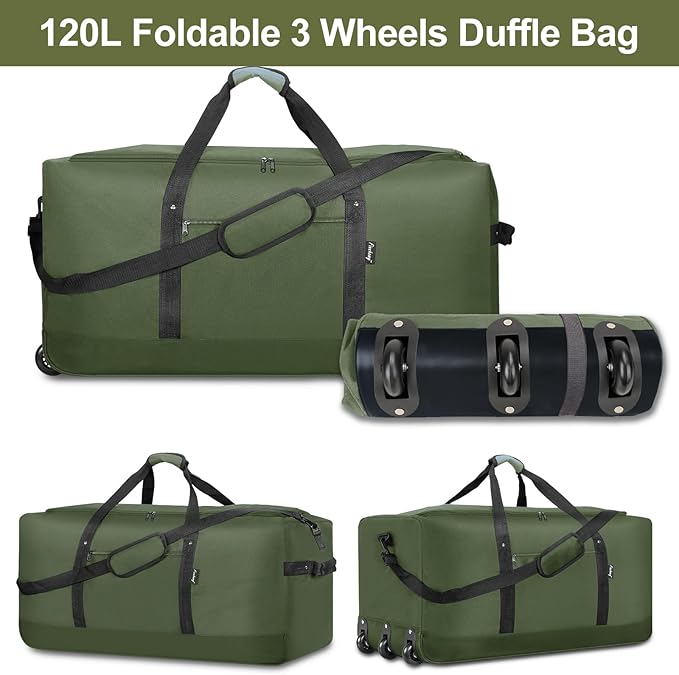 Finnhomy 120L Foldable Rolling Duffel Bag with 3 Wheels, Light Weight Travel Duffel bag with Large Loading Capacity, 32'' Rolling Duffel bag with Shoulder Strap