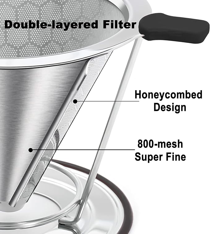 Pour Over Coffee Dripper - 304 Stainless Steel Filter, Paperless & Reusable Dual-Layer Metal Coffee Filter with Base, 800 Mesh Steel Cone Filter, for 1-6 Cups Brew Coffee Maker (Black)