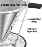 Pour Over Coffee Dripper - 304 Stainless Steel Filter, Paperless & Reusable Dual-Layer Metal Coffee Filter with Base, 800 Mesh Steel Cone Filter, for 1-6 Cups Brew Coffee Maker (Black)