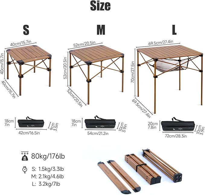 iClimb Lightweight Stable Alu. Folding Square Table Roll Up Top with Carry Bag for Camping Picnic Backyards BBQ Camp Kitchen (Nature, M)