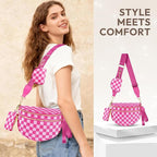 Cross Body Bag for Women Checkered Crossbody Bags Bum Bags for Women Fanny Packs for Girls Small Nylon Checkered Purse Trendy Shoulder Bag (Checkered Rose, One Size)