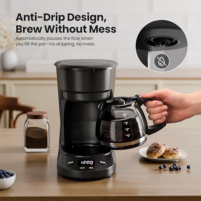 Kismile 5-Cup Drip Coffee Machine with LED Display, Small Coffee Maker with Anti-Drip, Timer, Auto Shut-Off, Dry-Boil Protection, Removable Funnel, Compact, Ideal for Home & Office