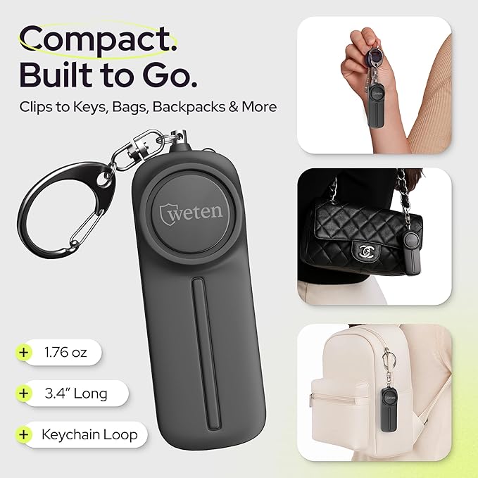 Personal Alarm Keychain for Women Self Defense - Loud Safety Whistle Alert Device with LED Light – 130 dB Emergency Security Handheld Siren Key Chain by WETEN, Black