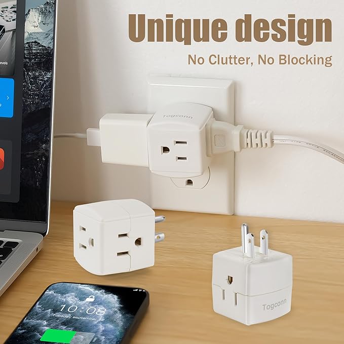 3-Outlet Extender Wall Tap Cube 2 Pack, 3-Prong Grounded Wall Tap, Easy Access Design, Adapter Spaced Outlets, Multiple Plug, Power Splitter, Use for Home Office School Dorm，Travel, ETL Listed, White