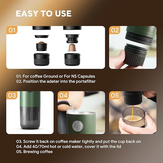 Portable Electric Espresso Machine, Travel Coffee Maker for Camping, Car Coffee Maker Self-Heating with USB-C, 20 Bar Coffee Maker With Ground Coffee & NS Capsule for RV, Hiking, Office(Green)