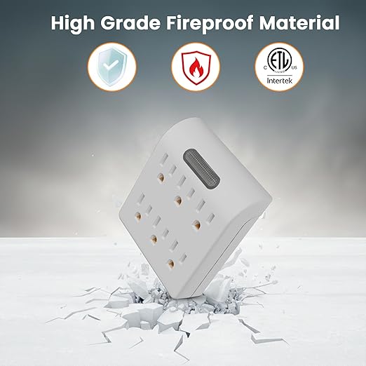 6-Outlet Extender, 3-Prong Grounded Wall Tap Adapter with LED Guide Light, 1875W Multiple Plug Electrical Outlets Splitter for Home, Office, Hotel, Travel, ETL Listed, Cruise Essentials, White