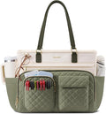 LOVEVOOK Tote Bag with Large Cup Holder, Work Tote Bags for Women, Large Capacity Teacher Tote with Multi Pockets, Nurse Diaper Bag with Padded Laptop Compartment, 17.3 Inch Light Green Beige