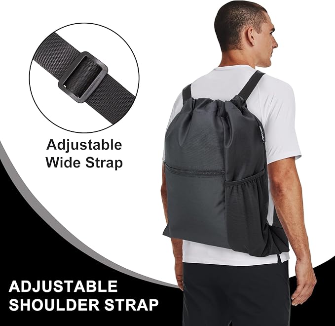 HOLYLUCK Men & Women Outdoor Sport Gym Sack Waterproof Drawstring Backpack Bag (Standard with width webbing, Black-1)
