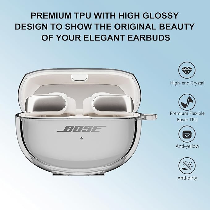 Aircawin for Bose Ultra Open Earbuds Case Clear 2024,Full Protective Shockproof Soft Transparent TPU Cover for Bose Open Ear Wireless Earbud Headphone Accessories with Carabiner and Cleaning Pen-Black