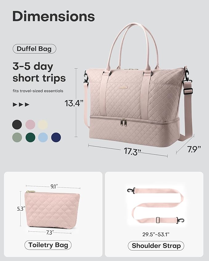 HOTOR Travel Duffel Bag - Weekender Bags for Women, Gym Tote Bags with Shoe Compartment, Carry On Overnight Bag with Toiletry Bag for Travel Essentials and Travel Accessories, Pink, 13.4"×17.3"×7.9"