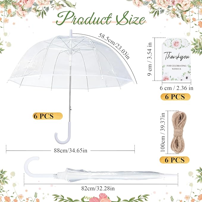 6 Pcs Clear Umbrella Wedding, Durable Transparent Rain Clear Umbrella Bulk with Wedding Thank You Cards for Wedding Bride Groom Photography Outdoor Anniversary Party Favors