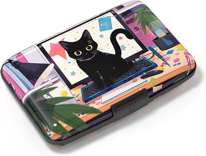 Credit Card Holder, Mini Aluminum Card Wallet RFID Blocking Slim Metal Hard Card Case for Women Men, Cat on Keyboard