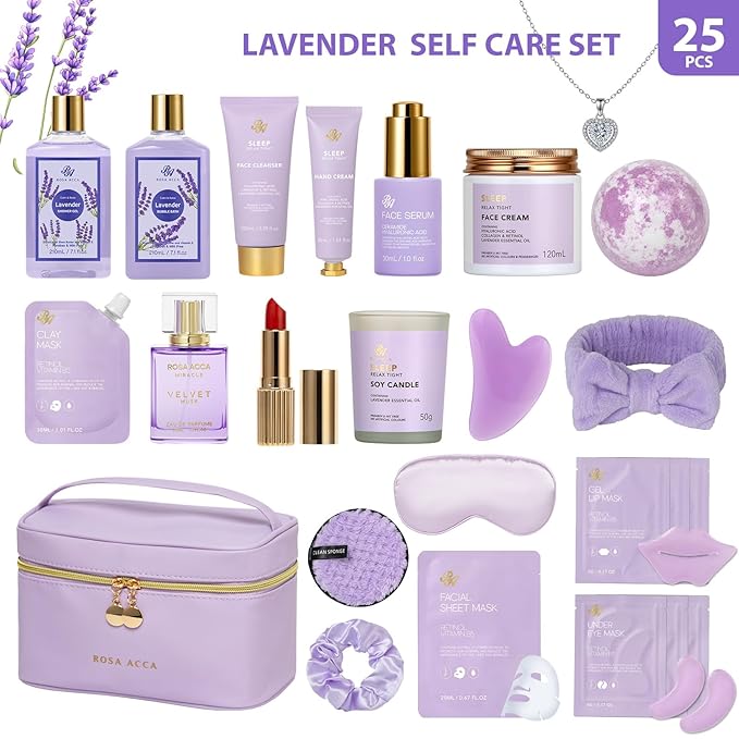25 Pcs Mother's Day Gift, Lavender Bath & Body Gift Basket Set for Women, Hydrating Skin Care Set, Self Care Home Spa Gifts, Cosmetic Bag, Necklace, Christmas, Birthday, Anniversary, Wife