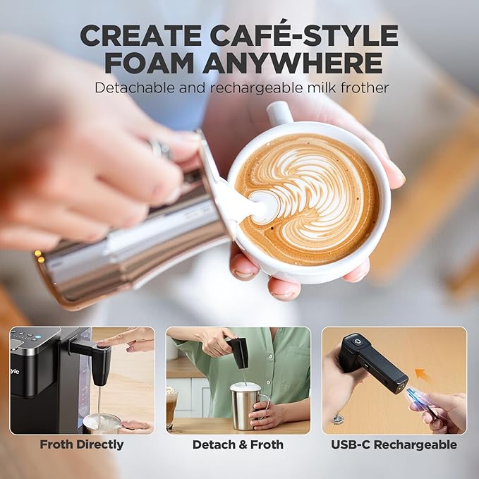 Tastyle Single Serve Coffee Maker with Built-in Detachable Milk Frother, Iced and Hot Coffee Machine for K Cup & Grounds, 40oz Removable Water Reservoir, 6 Cup Sizes, Fits 7.3" Travel Mug, Black