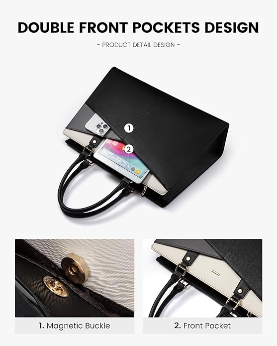 LOVEVOOK Laptop Tote Bag for Women, Leather Business Office Work Bag Computer Briefcase with Small Clutch fit for 15.6 Inch Laptop,Black-Khaki-Coffee