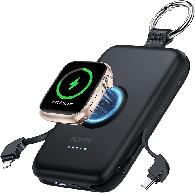 RORRY CharmGo Portable Charger, 10000mAh 20W Fast Charging Portable Charger Power Bank with Built in Cables, Travel Battery Pack for iPhone 17/16/15/14/13/12 and Apple Watch, Black