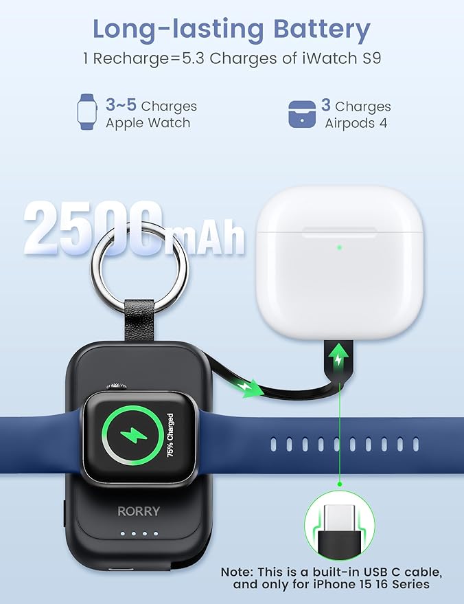RORRY CharmGo Charger for Apple Watch Series 10, 2500mAh Fast Charging Portable Charger for iWatch, Travel Charger with Built-in USB C Cable for Apple Watch Ultra Series 9 8 7 6 3 2 Accessories, Black