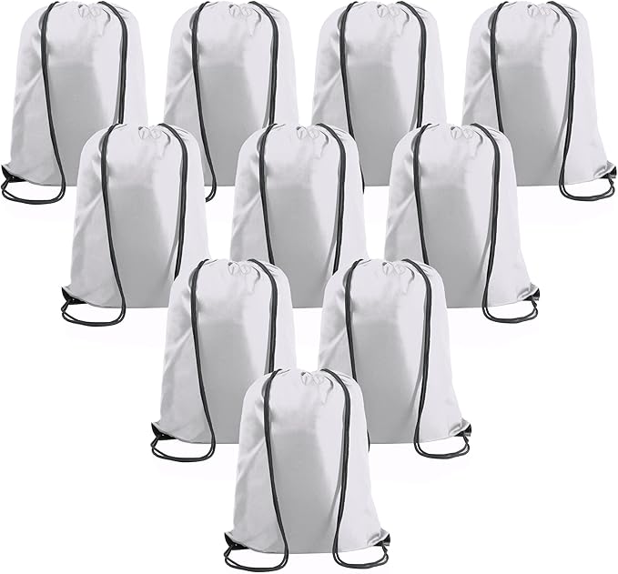 BeeGreen White Drawstring Backpack Bags Bulk 10 Pack X-Large 22.4" L x 17.5" W Sports Cinch Sackpack Gym String Bags Machine Washable Heavy Duty for Men Women