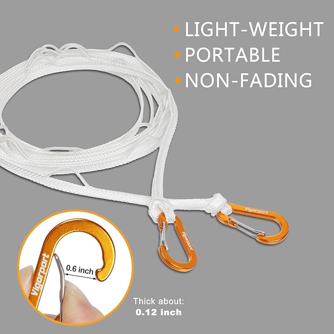 Vigorport Portable Travel Clothesline, Windproof Clothesline with Hang Hole, Indoor and Outdoor Clothes Line for Camping, Hotel, Backyard, Cruise Ship (White, 16.5Ft)