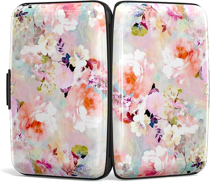 Credit Card Holder, Mini Aluminum Card Wallet RFID Blocking Slim Metal Hard Card Case for Women Men, Pink Flowers