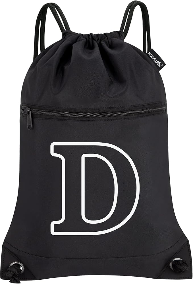 HOLYLUCK Drawstring Bags Initial Backpack Sackpack Cinch Bags for Sports, Gym, Travel, Beach (Black-D)