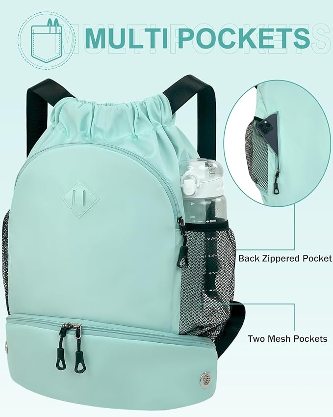 RHDZO Drawstring Backpack Gym Backpack with Shoe Compartment for Men Women String Sports Bag with Wet Pocket Cinch Swim Beach Bag, Large Mint Green