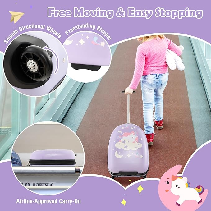 Goplus Kids Luggage, 16’’ Carry On Suitcase with Wheels, Waterproof Hard Shell, Lightweight Rolling Luggage for Travel, Birthday Gifts for Toddlers, Children, Boys, Girls (Purple-Unicorn)
