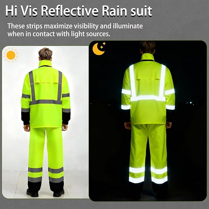 Hi Vis Class 3 Safety Rain Jacket for Men Waterproof, Reflective High Visibility Rain Gear Construction Rain Suit (Yellow-Black 2XL/3XL)