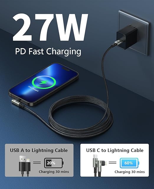 USB C to Lightning Cable 10FT [Apple MFi Certified] 3Pack Long iPhone Charger Cable 90 Degree i Phone Fast Charging Nylon Braided USB Lightning Cable for iPhone 14/13/12/11/Pro/Max/Plus/8/7/6/5S